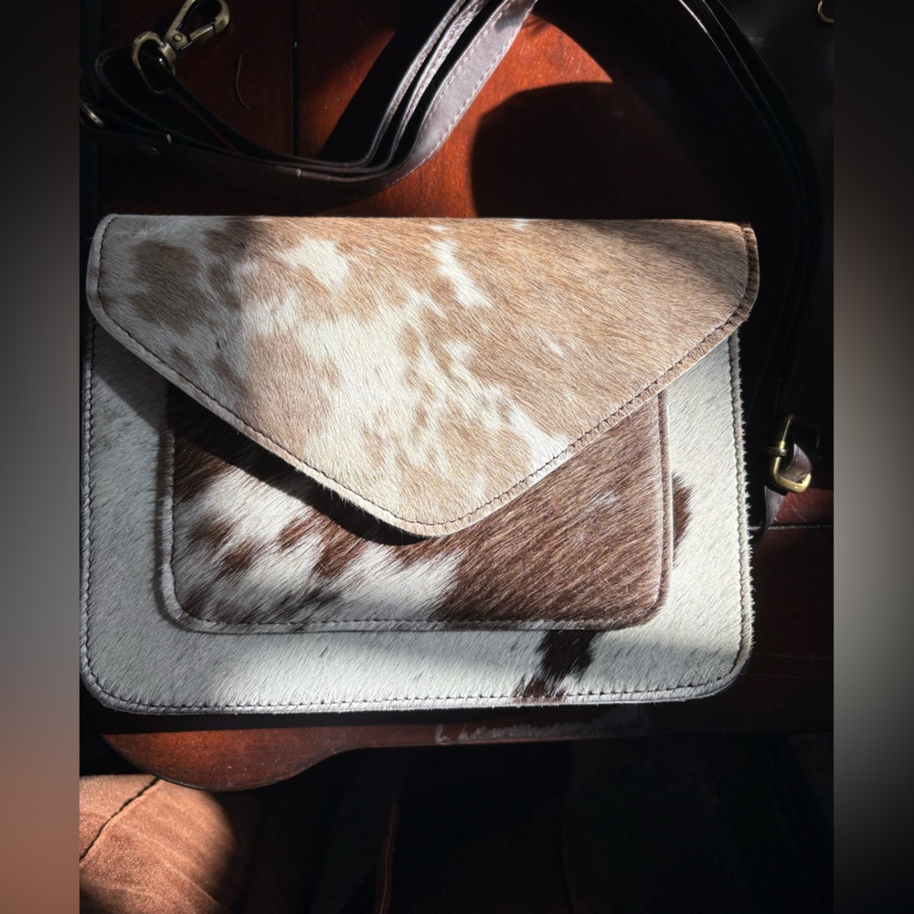 Neutral Cowhide Leather Crossbody Brown & White